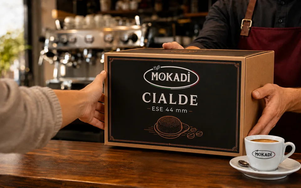 Consegna di una confezione Mokadì al bancone del bar