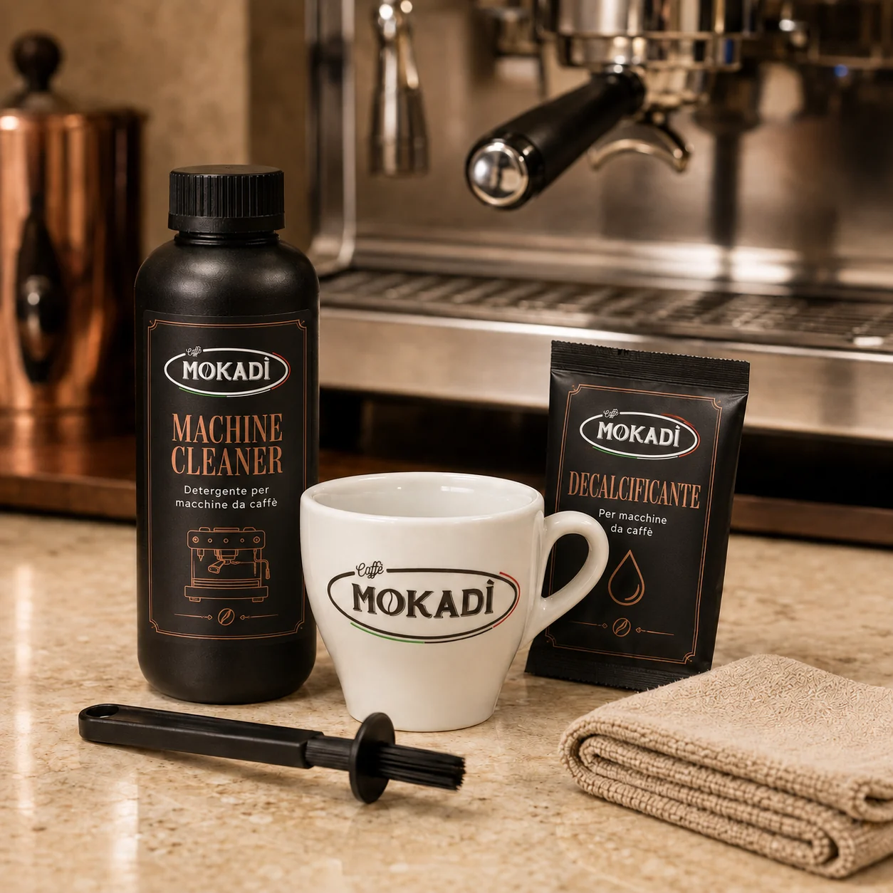 Prodotti Mokadì per la pulizia della macchina da caffè con tazza e accessori