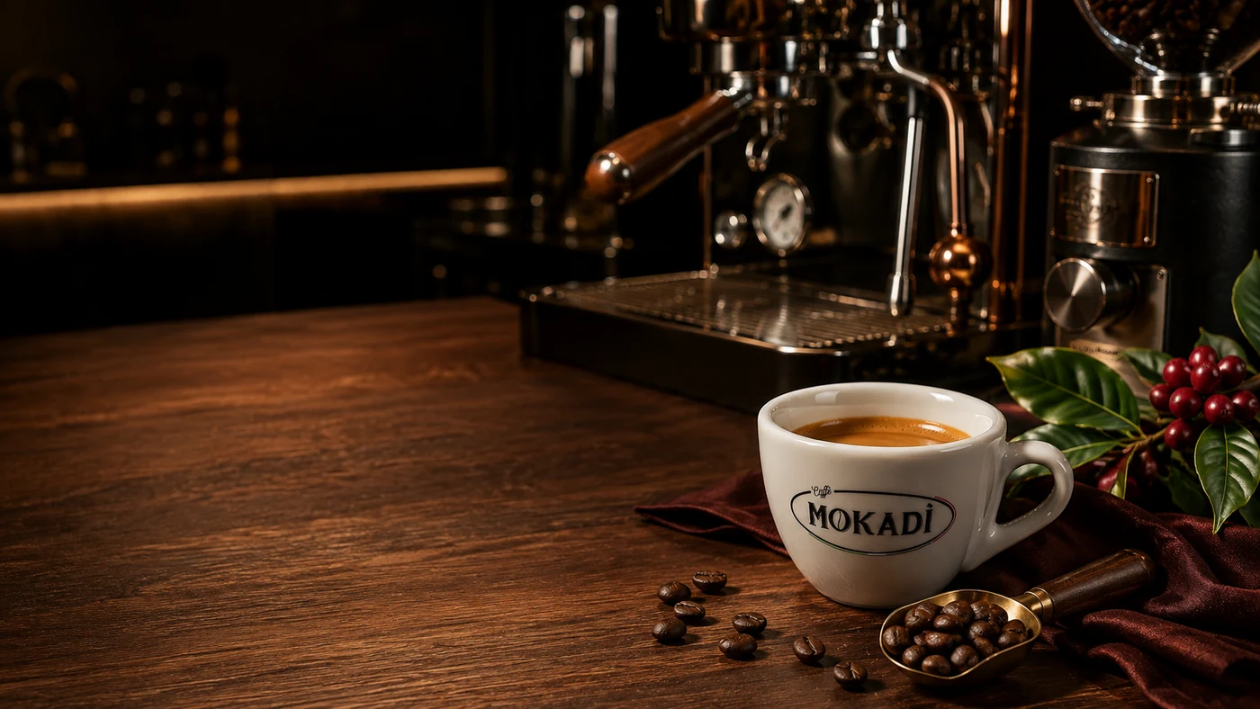 Tazzina di espresso Mokadì accanto a macchina e macinacaffè su un bancone in legno