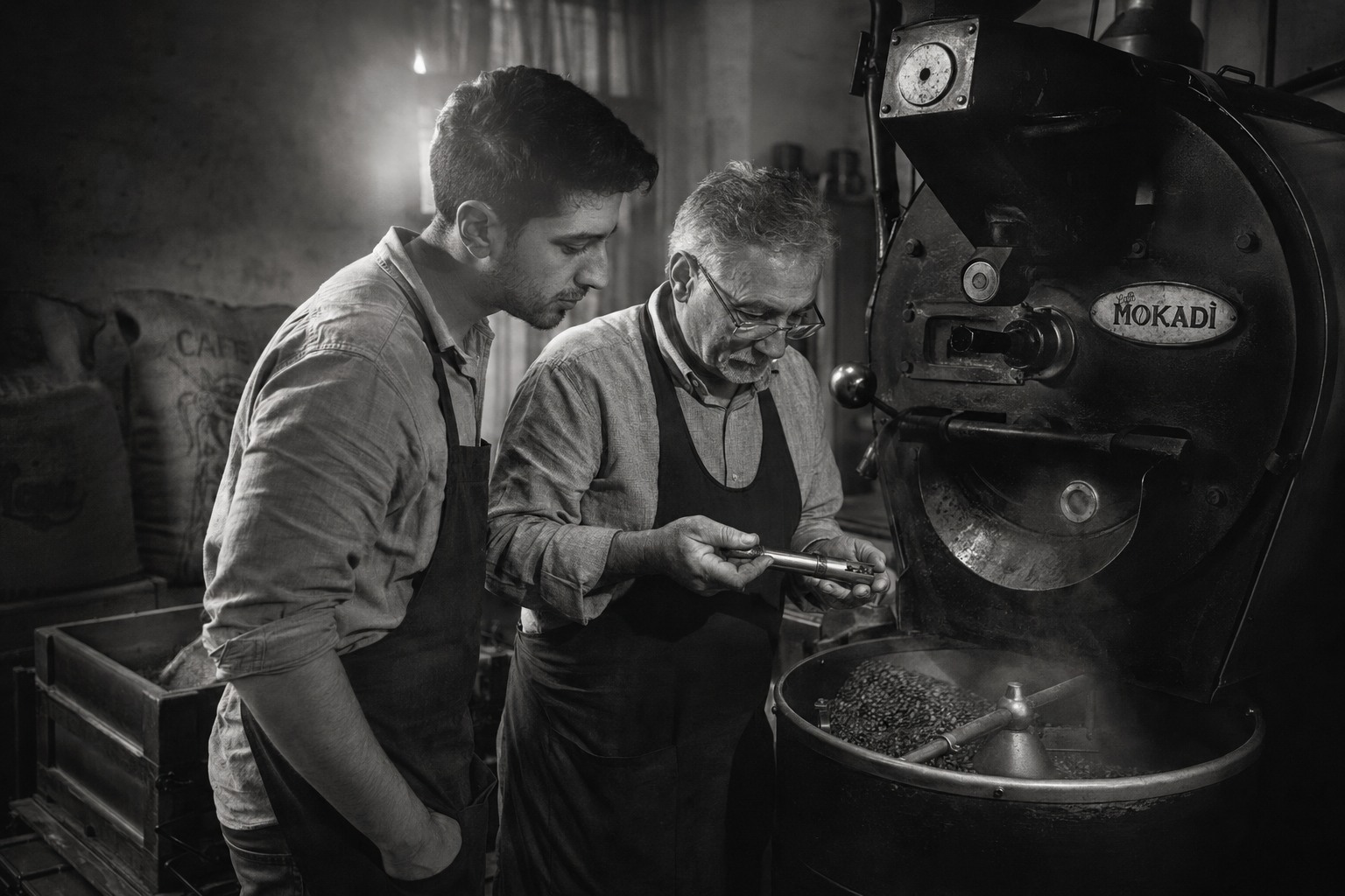 Due generazioni della famiglia Di Nunzio al lavoro davanti alla tostatrice Mokadì